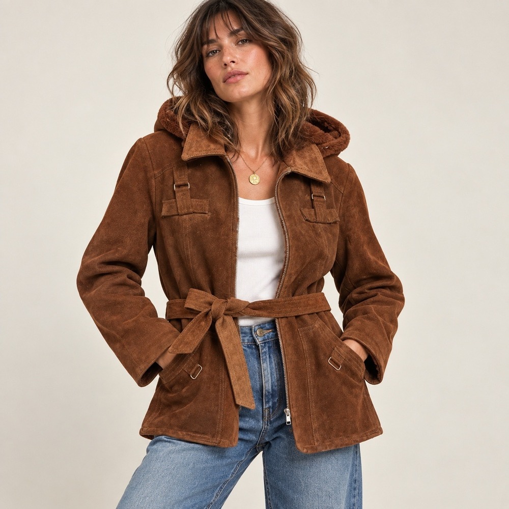 Vintage 70s Opera Suede Leather Removable Hood Belted Coat Canada S Boho Western